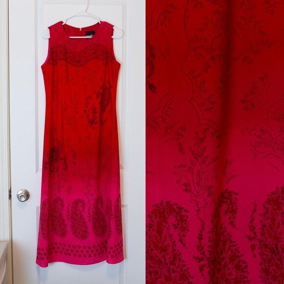 Y2K VTG Red Maxi Dress Tie Dye Paisley Fairycore Gradient M P | Bright Spring - Picture 1 of 8